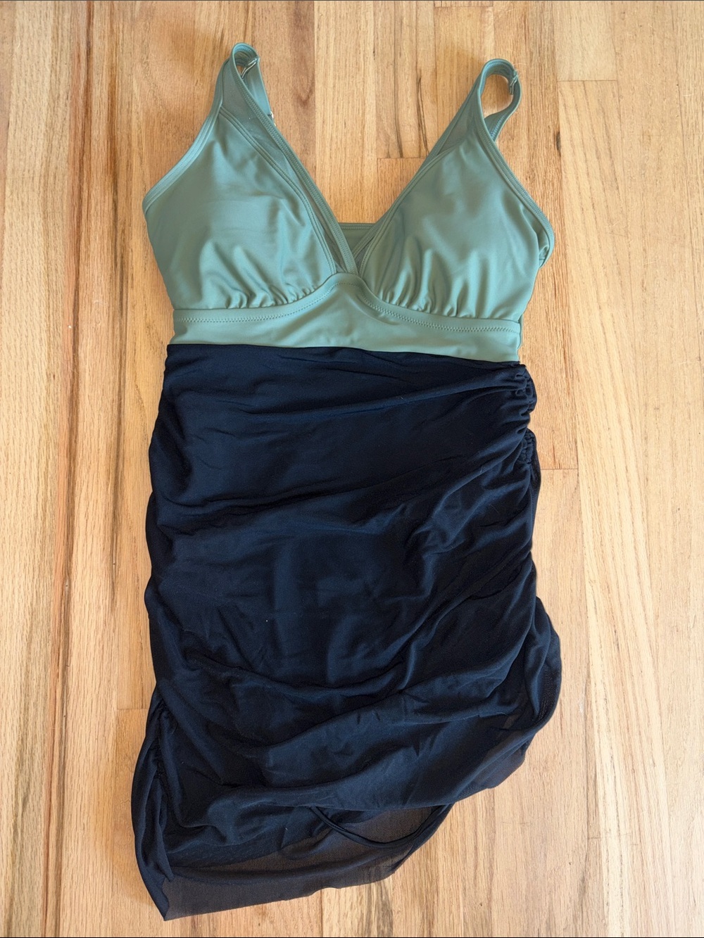 Blooming Jelly Olive Green & Black One-Piece Swimsuit w/ sheer skirt